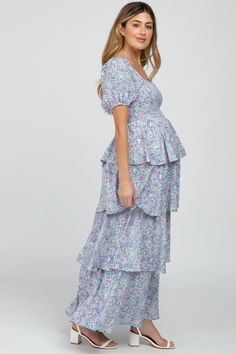 Blue Floral Square Neck Ruffle Layered Maternity Maxi Dress – PinkBlush Flowy Feminine Tiered Smocked Dress, Feminine Flowy Tiered Smocked Dress, Tiered Maxi Dress With Smocked Bodice For Garden Party, Spring Tiered Smocked Dress For Garden Party, Summer Tiered Smocked Dress With Ditsy Floral Print, Tiered Smocked Dress With Ditsy Floral Print For Summer, Tiered Ditsy Floral Maxi Dress For Brunch, Flowy Tiered Dress With Smocked Bodice And Short Sleeves, Square Neck Smocked Bodice Tiered Dress For Brunch