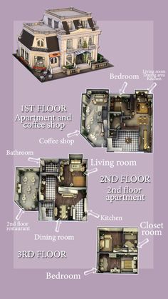 the floor plan for a two story house with lots of room and furniture in it