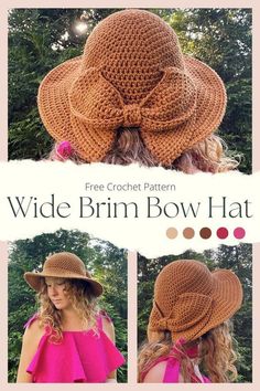 Wide Brim Bow Hat - Lauren Cuppy Hat Free Crochet Pattern, Crochet Hat With Brim, Easy Crochet Hat, Crochet Sun Hat, Crochet Hat Free, Crochet Knit Hat, Crochet Hats Free Pattern, Diy Crochet Projects, Crochet Hat Pattern