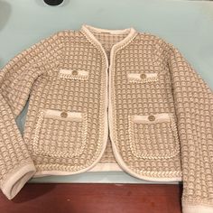 New Without Tags. Gorgeous Eli Tahari Knitted Cream W Gold Jacket Perfect W Jeans Very Versatile Cream Hand-knitted Outerwear, Tailored Long-sleeve Outerwear With Gold Buttons, Beige Jacquard Knit Long Sleeve Outerwear, Gold Jacket, Elie Tahari, Cream And Gold, Blazer Suit, Suit Jacket, Jackets & Coats