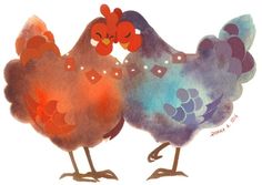 two colorful roosters standing next to each other on a white background with watercolor stains