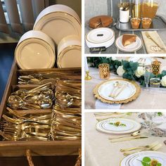 a collage of photos with gold and white plates, napkins, cups, and utensils