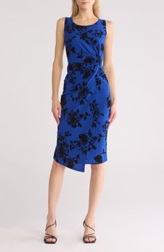 Flocked flowers bloom across a stretchy scuba crepe midi dress fashioned with a twisted waist in a contemporary faux-wrap silhouette. 45" length Slips on over head Bateau neck Sleeveless Unlined 95% polyester, 5% spandex Hand wash, dry flat Imported Crepe Midi Dress, Bateau Neck, Daytime Dresses, Flowers Bloom, Faux Wrap Dress, Dress Romper, Holiday Dresses, Girls Accessories