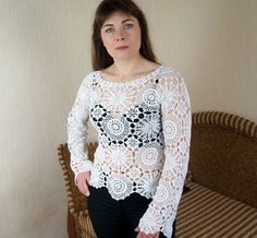 "Also you can find other Crochet blouses here: https://www.etsy.com/shop/NataliStudioUA?ref=seller-platform-mcnav&section_id=22291529 Hand made. Crochet white summer blouse. Crocheted blouse crocheted from beautiful and very delicate motifs. Motifs are connected to each other in the process of knitting according to the scheme. This interesting and openwork blouse model will be a great addition or even a highlight in the wardrobe. Blouse length - 56 cm/22\" size: M (height of model 165 - 170 Long Sleeve Open Knit Blouse For Spring, Summer Long Sleeve Open Knit Blouse, Casual Long Sleeve Open Knit Blouse, Stretch Long Sleeve Lace Top For Summer, Summer Crochet Lace Long Sleeve Blouse, Summer Long Sleeve Crochet Lace Blouse, White Crochet Lace Crew Neck Top, Long Sleeve Crochet Lace Blouse For Summer, Fitted Crochet Blouse