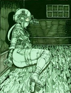 a drawing of an astronaut sitting on the floor