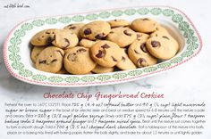 a plate full of chocolate chip gingerbread cookies on a table with the recipe below