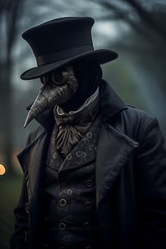 a man in a top hat and trench coat with an animal mask on his face