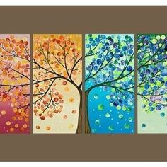 four different colored paintings of trees with leaves on the bottom and one tree in the middle