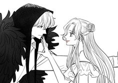 two anime characters one with long hair and the other with black wings, are facing each other