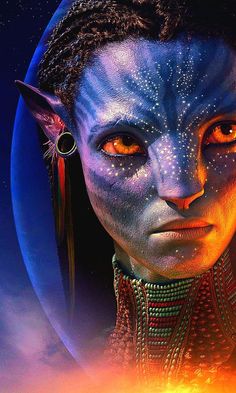 an alien woman with orange eyes and blue skin is staring into the distance in front of a planet