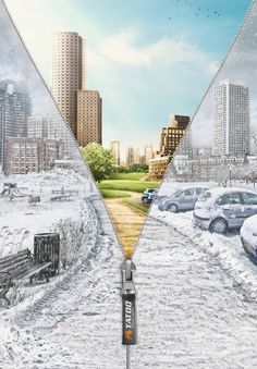 two images side by side with cars parked in the snow and buildings on either side