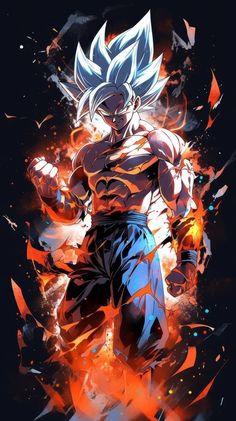 the dragon ball gohan character is shown in an artistic manner, with orange and blue colors