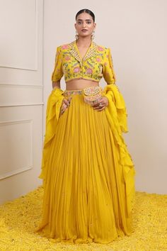 Yellow attached cancan lehenga with sequin, bead embroidered waistband. Paired with embroidered jacket style padded blouse, dupatta, belt and bag. - Aza Fashions Festive Yellow Hand Embellished Lehenga, Navratri Fitted Hand Embellished Choli, Fitted Hand Embellished Sets For Navratri, Fitted Hand Embellished Sharara For Navratri, Pleated Lehenga, Cancan Lehenga, Padded Blouse, Embroidered Jacket, Set For Women