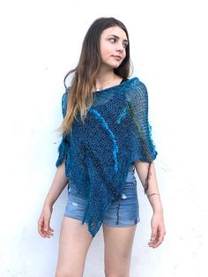 Knitted Shawl for Women |  Teal Blue Crochet Cover Up Wrap, Bohemian Fringe Shawl, Boho Festival Clothes Shrug Knitting Pattern, Shawl For Women, Festival Clothes, Crochet Cover, Knitted Shawl, Fringe Shawl, Knit Shawl, Crochet Cover Up, Plain Outfits