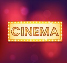 a sign that says cinema with lights on the front and back, against a red background