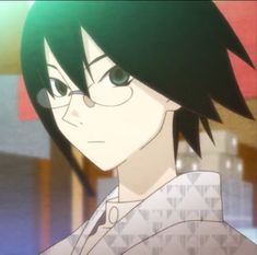 an anime character with green hair and glasses