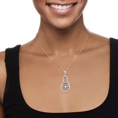 Ross-Simons - .65ct t. w. Diamond Filigree Pendant Necklace in 14kt White Gold. 18". Our vintage-style pendant necklaces features an exquisite filigree design, sparkling with .65 ct. t. w. diamonds. Set in 14kt white gold with milgrain details. Suspends from a cable chain with a 2" extender. Springring clasp, diamond filigree pendant necklace. Diamond birthstones are the perfect gift for April birthdays. Elegant Rose Gold Filigree Necklace, Rose Gold Sterling Silver Filigree Jewelry, Elegant Sterling Silver Engraved Diamond Necklace, Elegant Engraved Sterling Silver Diamond Necklace, Intricate Rose Gold Sterling Silver Jewelry, Sterling Silver Teardrop Pendant With Intricate Design, Elegant Filigree Diamond Pendant Necklace, Diamond Filigree Necklaces For Anniversary, Exquisite Diamond Necklace With Intricate Design As Gift