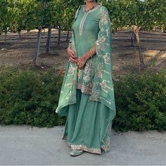 My Mom Wore This Suit Only Once For A Wedding. It’s Really Pretty And Almost New. The Reason We Are Selling It Is Because It Was A Mint Green Theme Wedding And We Ain’t Fond Of Greens Mint Green Theme, Suit With Sharara, Green Theme Wedding, Peplum Suit, Sharara Pants, Green Themed Wedding, Green Theme, Theme Wedding, My Mom