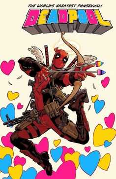 deadpool the world's greatest movie poster is shown with hearts and arrows around it