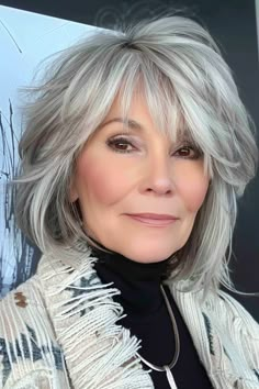 Layered Gray Hair, Gray Hair Over 50, Bangs Styles, Grey Hair With Bangs, Grey Hair Styles, Gray Hairstyles, Hair Over 50, Layered Haircuts For Medium Hair