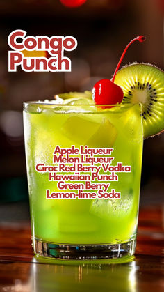 Congo Punch Green Hawaiian Punch Recipe, Green Punch Recipes, Apple Cocktails, Summer Punch Recipes, Vodka Cocktails Easy, Apple Schnapps, Green Punch