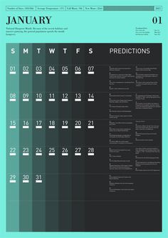 the january 2013 calendar is shown in black and turquoise tones, with numbers on each side