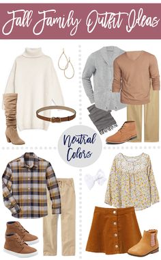 fall family outfit ideas from neutral colors to plaid shirts and sweaters, with text overlay