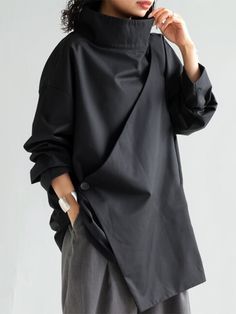 Long Sleeves Loose Solid Color High Neck T-Shirts Tops BLACK-XL Avant Garde Fashion Street, Ropa Upcycling, Daily Dress, Solid Clothes, Cotton Style, Black Coat, Black Blouse, Casual T Shirts, Black Long Sleeve