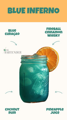 Blue Inferno Bartending Recipes, Mango Cocktails, Fireball Cocktails, Whiskey Cocktails Easy, Mason Jar Cocktails, Cheers Bar, Mango Cocktail, Malibu Drinks