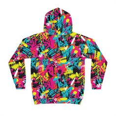 Elevate your child's streetwear style with our vibrant Graffiti Art Hoodie. This hoodie is designed to make a statement, featuring an all-over graffiti pattern that captures the energy of urban art. The graffiti pattern boasts a mix of urban typography, spray-painted textures, and neon colors, creating a dynamic and eye-catching look that's perfect for the young trendsetters. Crafted with comfort in mind, this hoodie is made from high-quality materials to keep your child cozy and stylish. It's t Hip Hop Graffiti Print Winter Hoodie, All Over Print Cotton Hoodie For Streetwear, Cotton Hoodie With All Over Print For Streetwear, Hip Hop Graffiti Print Hoodie Sweatshirt, Hooded All Over Print Streetwear Sweatshirt, Trendy Graffiti Print Hoodie Sweatshirt, Trendy Hooded Hoodie With Graffiti Print, Artistic Graphic Print Hoodie For Winter, Multicolor Graphic Print Hoodie Sweatshirt