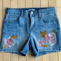 Nwot Kensie Floral Embroidered Denim Shorts. Light Blue W/Floral Embroidery On Front Of Both Legs. Side Slits. Unfinished Trim. Stretch Denim. Embroidered Medium Wash Denim Jean Shorts, Embroidered Denim Blue Jean Shorts, Medium Wash Cotton Jean Shorts With Floral Embroidery, Embroidered Medium Wash Short Jeans, Embroidered Denim Jean Shorts In Blue, Embroidered Denim Blue Shorts, Cotton Jean Shorts With Floral Embroidery In Medium Wash, Spring Embroidered Denim Blue Jean Shorts, Embroidered Light Wash Bottoms For Spring