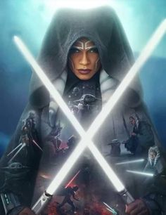 the poster for star wars the force awakes with two swords in front of them