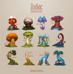 an image of zodiac symbols and their meanings in the form of animals, plants and trees