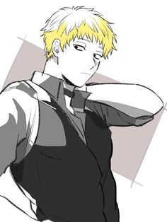 a drawing of a man with blonde hair wearing a black vest and tie, standing in front of a white background