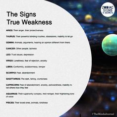 the signs that are in front of a white circle with black writing on it and an image of planets