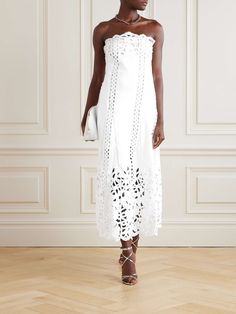 OSCAR DE LA RENTA Strapless broderie anglaise midi dress | NET-A-PORTER Chic Lace Dress With Broderie Anglaise, Elegant Maxi Length Hollow Out Dress, Elegant Hollow Out Maxi Dress, Feminine Lace Dress With Broderie Anglaise, Chic Summer Embroidered Wedding Dress, Chic Summer Wedding Embroidered Dress, Summer Midi Dress With Hollow Out Detail, Summer Hollow Out Midi Dress, Lace Maxi Dress With Broderie Anglaise