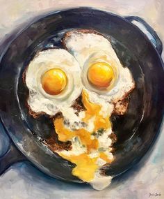 an oil painting of eggs in a frying pan