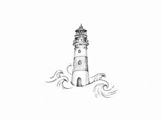 a drawing of a lighthouse with waves around it