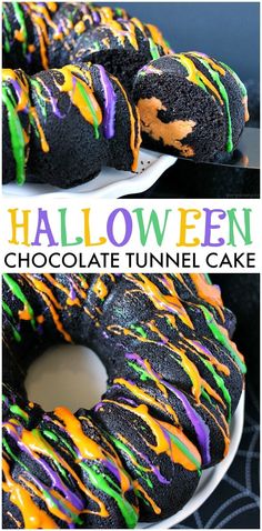 halloween chocolate tunnel cake with sprinkles and orange, green, and purple icing