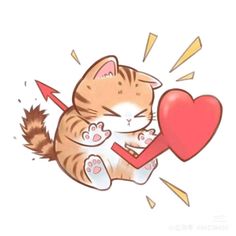 a drawing of a cat hugging a heart with an arrow in the middle that says i love you