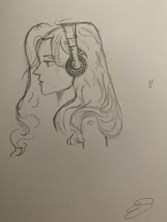 a drawing of a woman's head with earphones on her ears and long hair