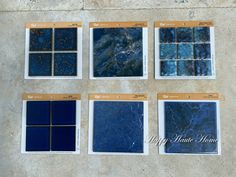 six different shades of blue tile laid out on top of each other, with the words happy hanne home below them