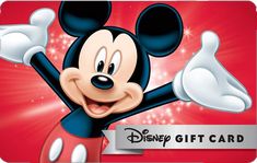 a mickey mouse gift card with an image of the character waving his arms and smiling