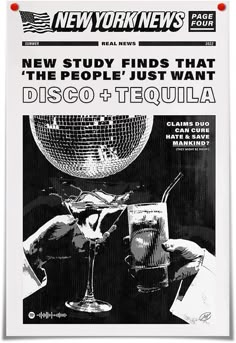 a black and white poster with the words new york news next to two glasses of alcohol