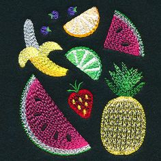 a black t - shirt with fruit embroidered on the front and back, all in different colors