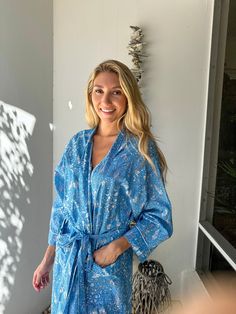 Soft and luxe, wear aprés bubble bath or as a beach coverup. Robes come wrapped in a lovely matching bag, making them the perfect gift or gift to yourself. One size. 100% Cotton Hand made in India Wash in cold water on delicate cycle and hang to dry or tumble dry on low Blue Long Sleeve Sleepwear For Vacation, Blue Beachwear Sleepwear For Vacation, Blue Bohemian Sleepwear For Vacation, Bohemian Blue Sleepwear For Vacation, Blue Cotton Robe For Relaxation, Bohemian Blue Robe For Loungewear, Light Blue Cotton Sleepwear For Vacation, Blue Summer Robe For Relaxation, Blue Spring Robe For Loungewear