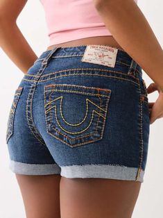 JENNIE BIG T ROLLED SHORT Fitted Jean Shorts With Belt Loops, True Religion Shorts, Hot Short, Style Makeover, Short Models, Painted Denim, Kids Denim, Denim Short, Ripped Denim