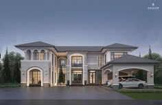 a car is parked in front of a large, two - story house at dusk