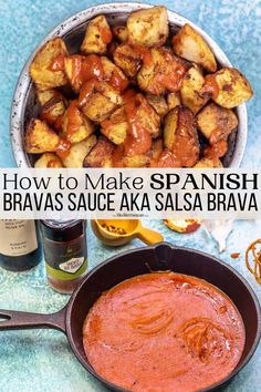 how to make spanish braas sauce in a cast iron skillet with text overlay