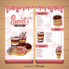 a menu for sweet desserts on a wooden table